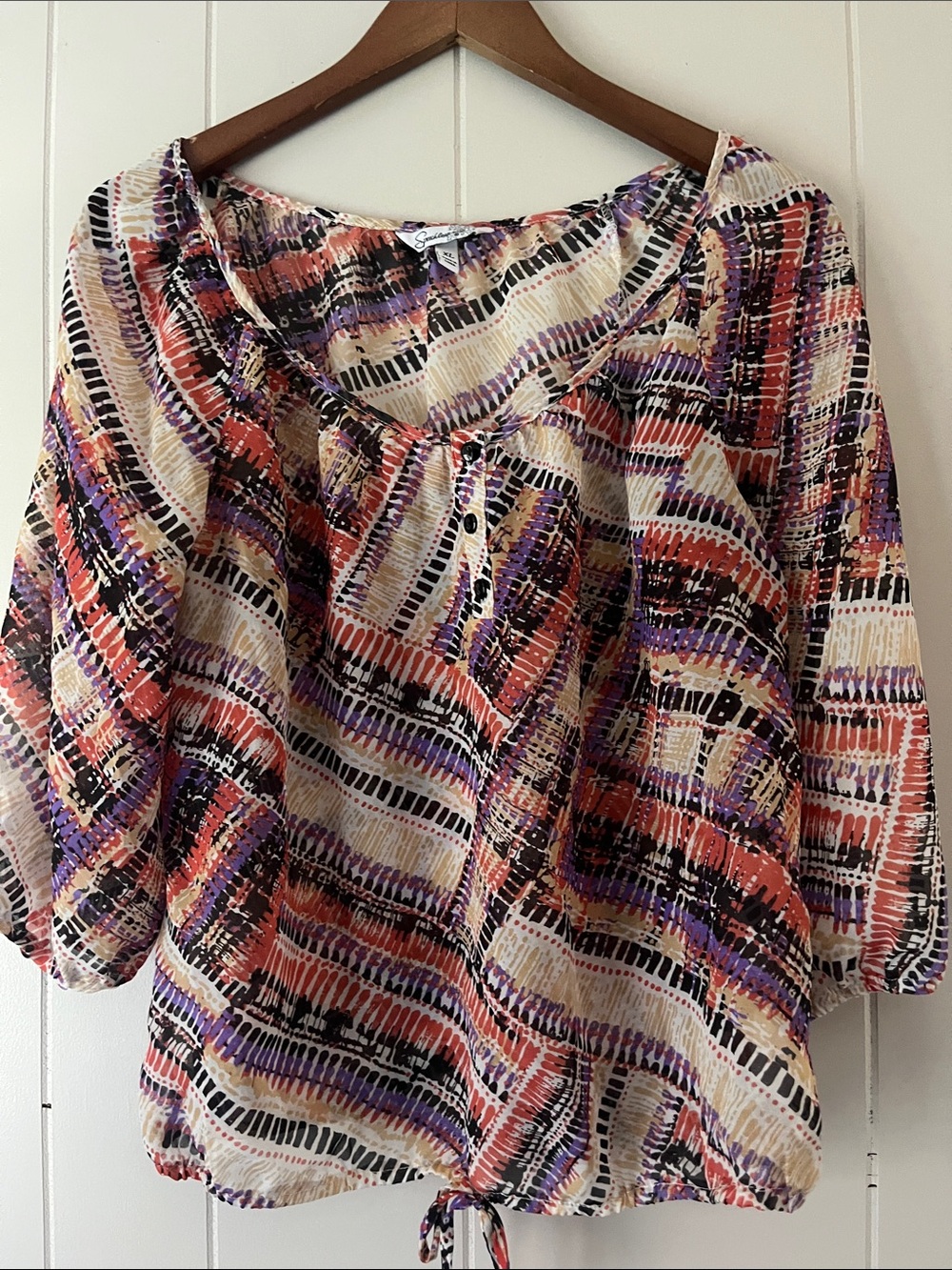 Speechless Multicolor Printed Peasant Tunic in Cream, Coral & Purple